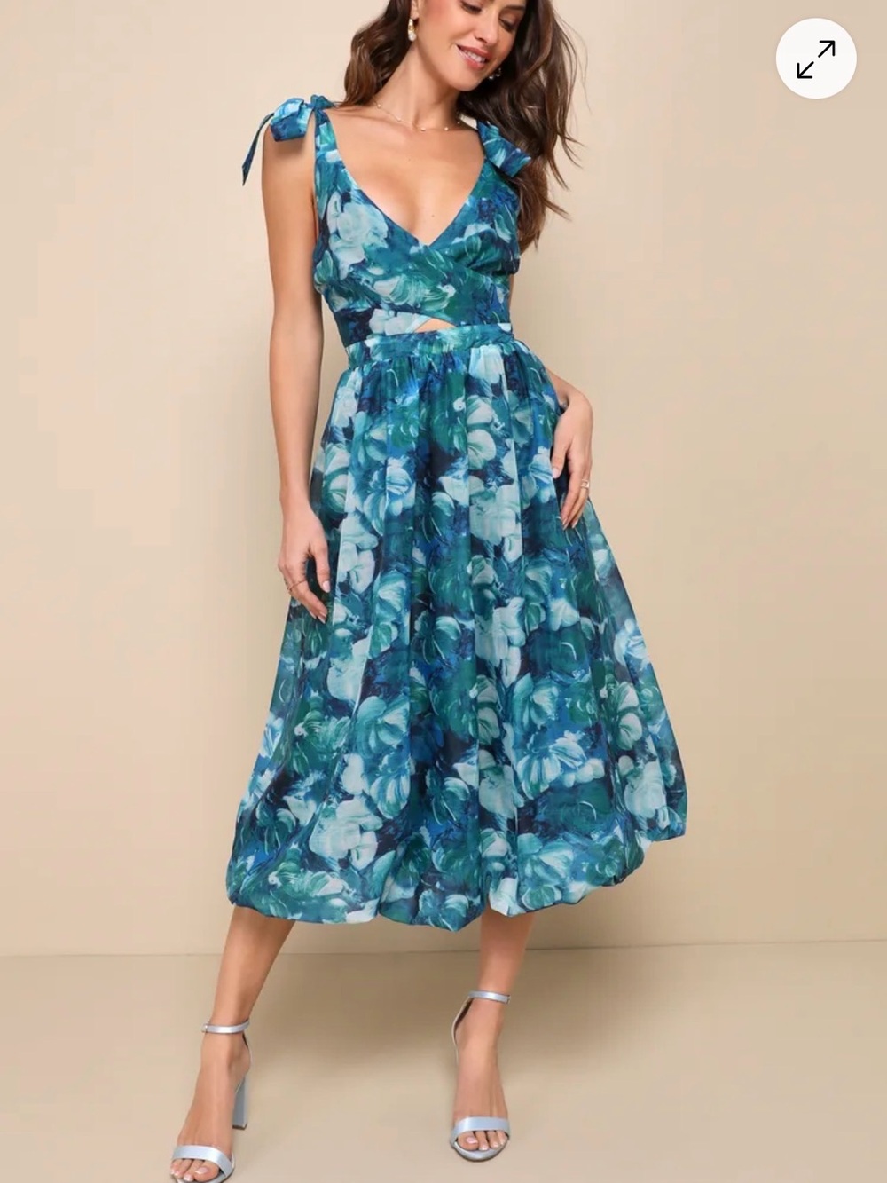 Lulu's Teal & White One-Shoulder Floral Midi Dress